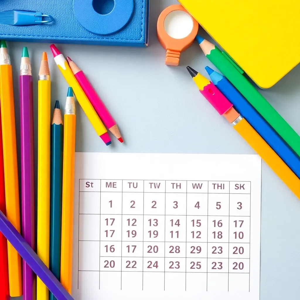 Colorful school supplies and a calendar marking key dates.