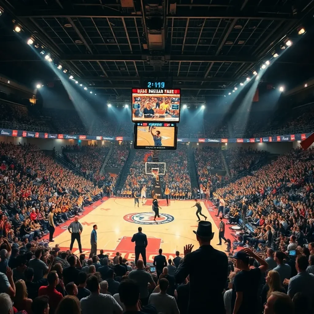 Dynamic basketball scene with players in action and cheering fans