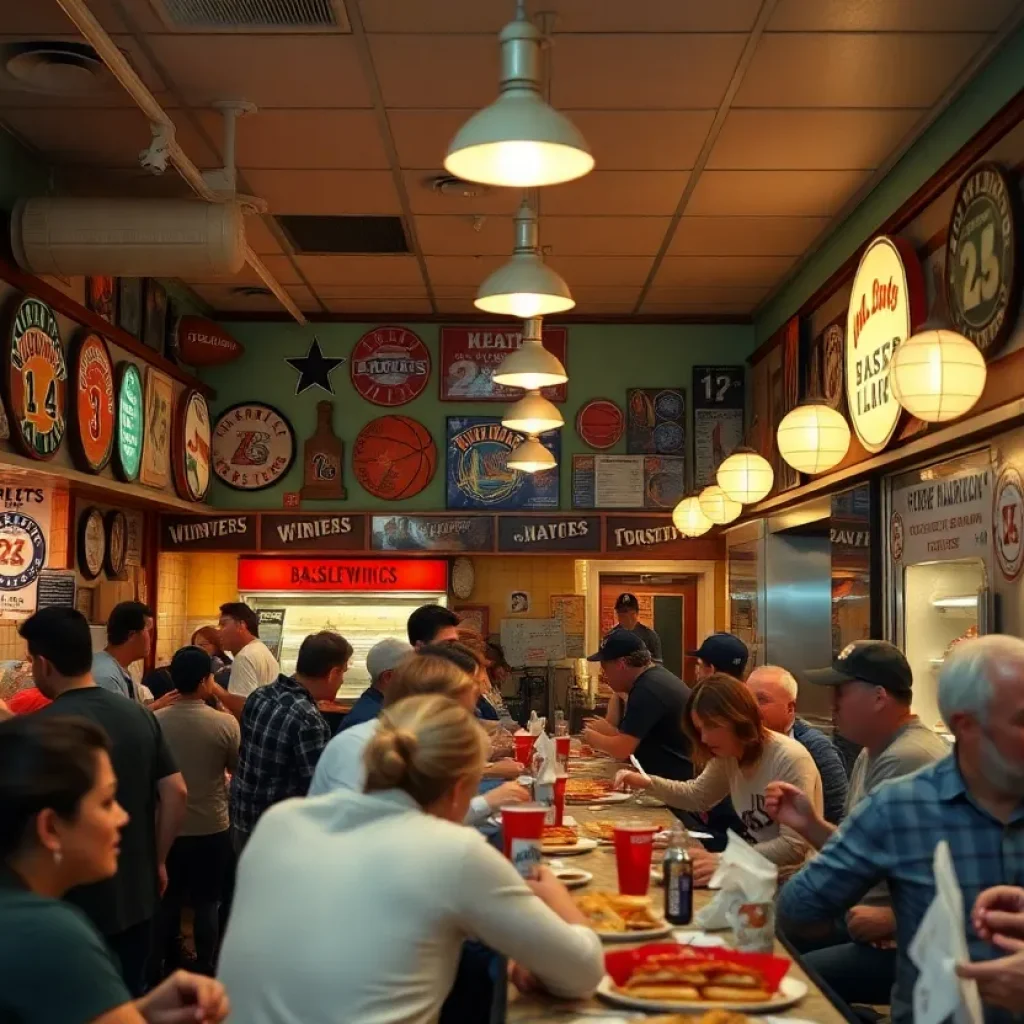 Inside view of Big Blue Deli showcasing sports decor and sandwiches