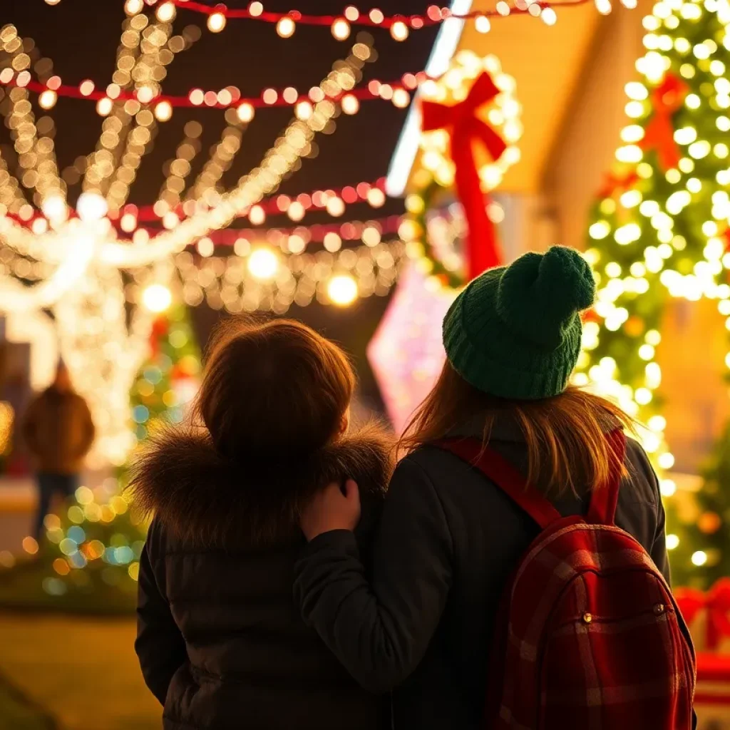 Family enjoying holiday events in Central Kentucky with lights