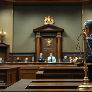 Courtroom scene with a gavel symbolizing justice