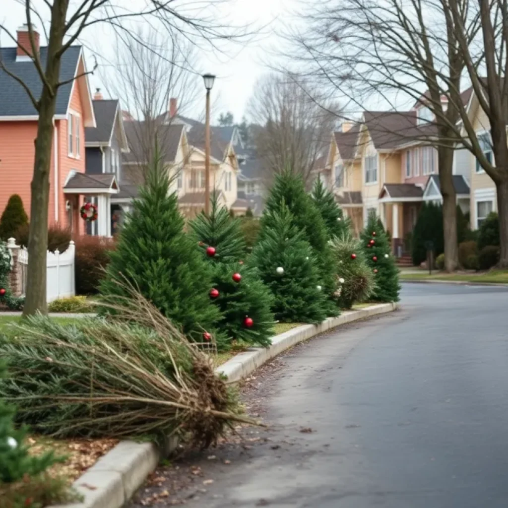 Curbside Christmas trees awaiting disposal in a neighborhood.