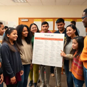 Students and educators analyzing school names in a classroom setting