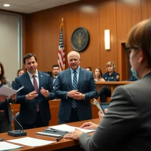 Courtroom with legal documents regarding campus safety and sexual assault policies.