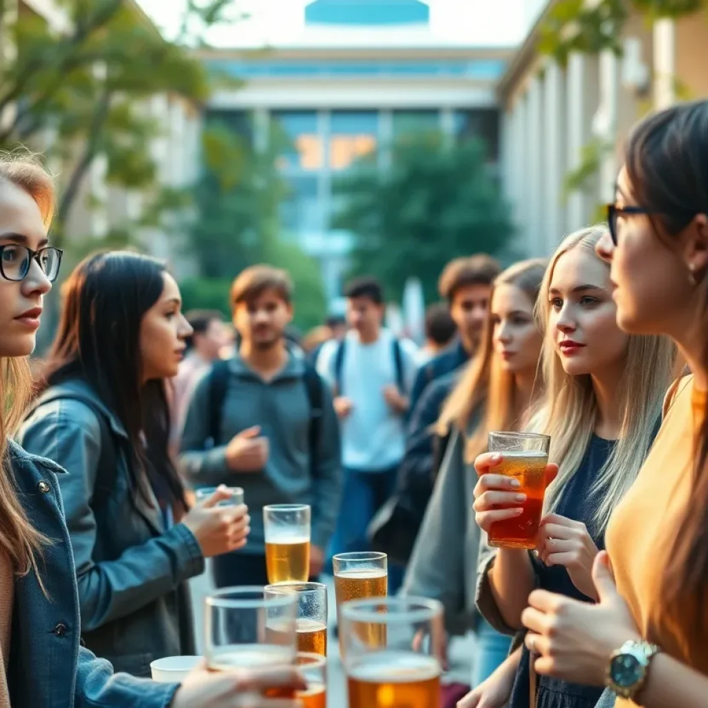 Students on a university campus exercising caution with drinks during a gathering.