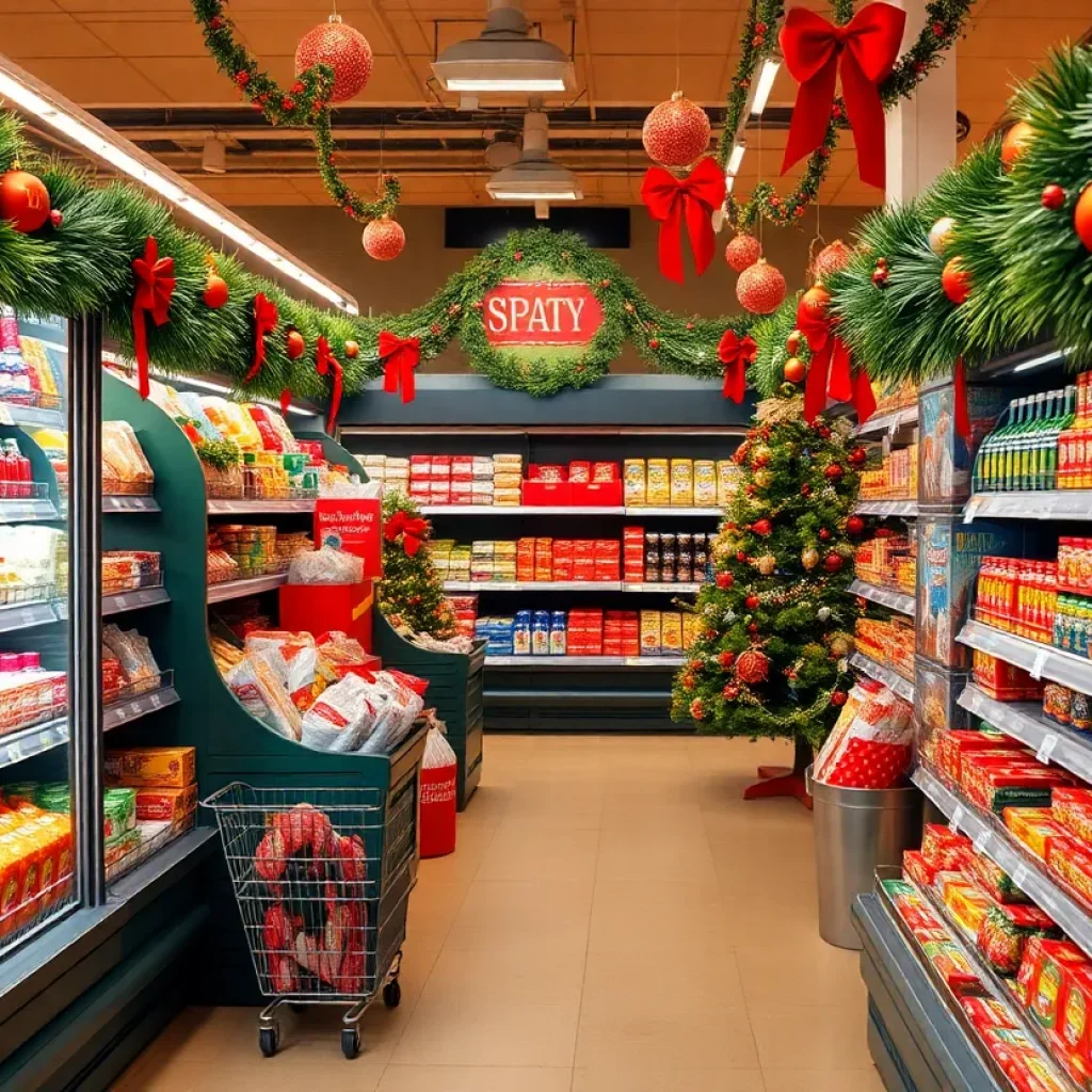 Grocery store decorated for Christmas in Lexington with products displayed.