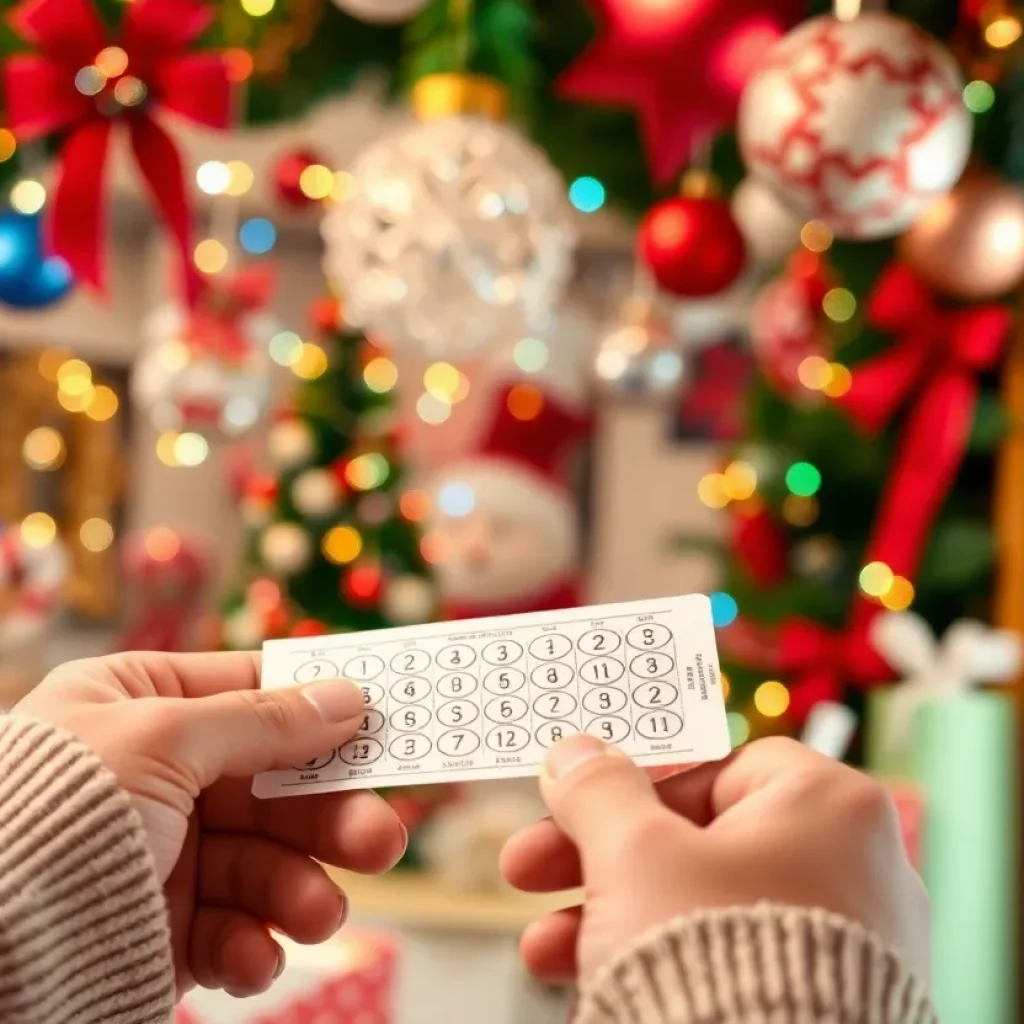 Man celebrating a lottery win with a ticket in a festive setting.