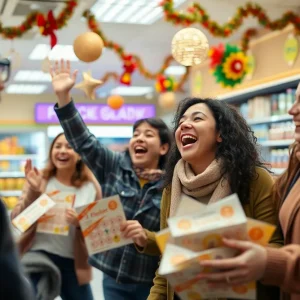 A scene depicting a celebration at a supermarket for a lottery win.