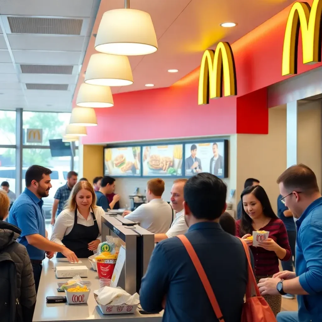 Employees at McDonald's serving food in a busy restaurant