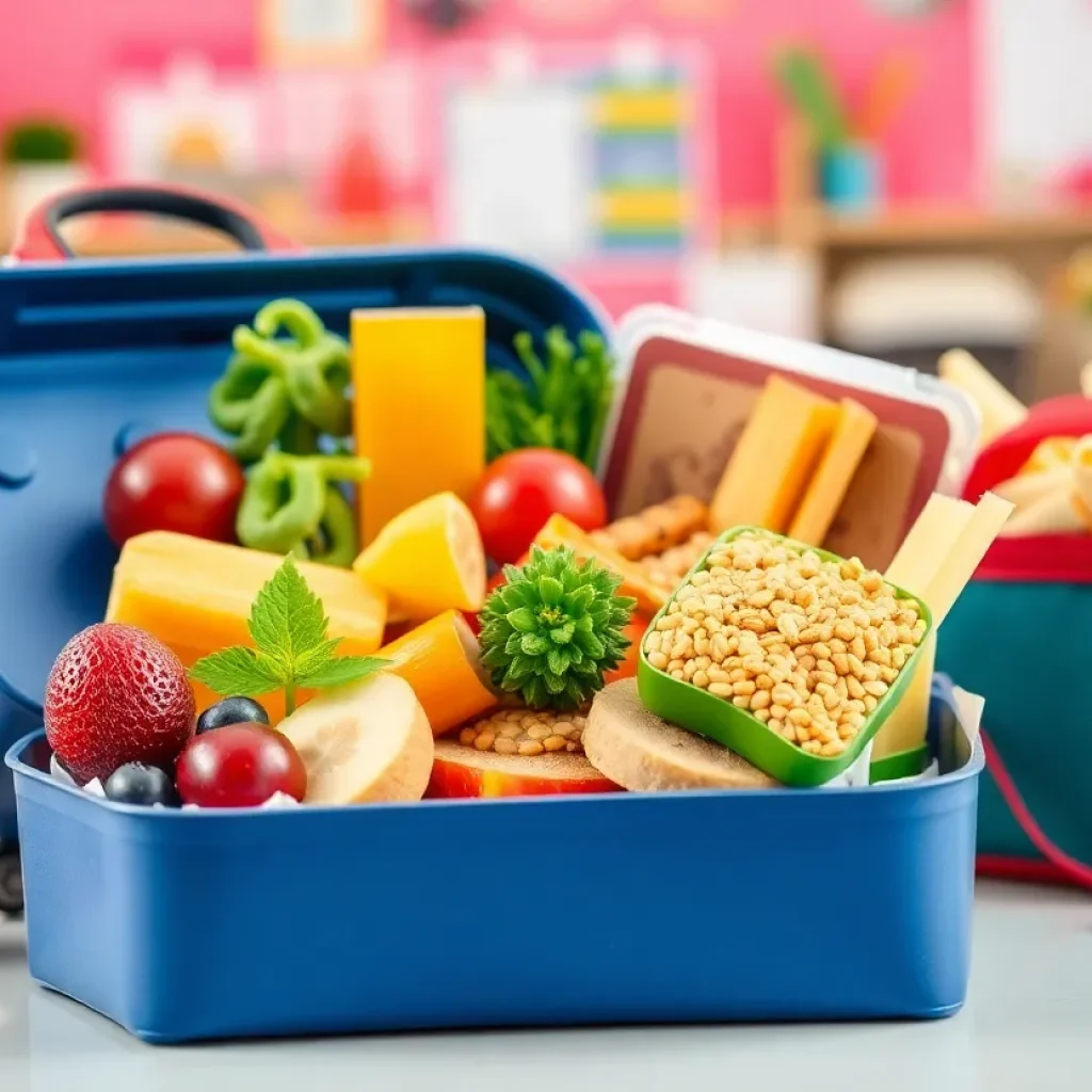 A colorful lunchbox filled with healthy school meals and snacks