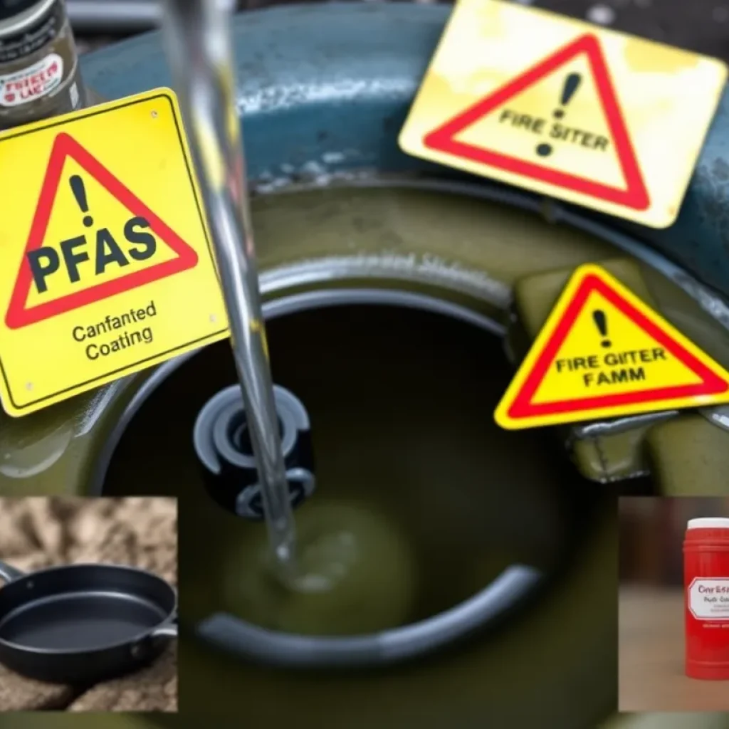 Visual representation of PFAS contamination in water with related products.