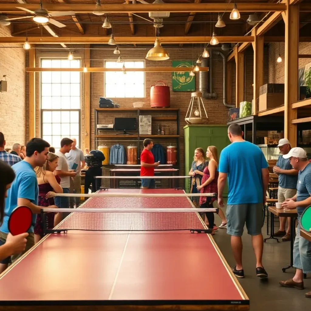 Interior view of PKL LEX, a new pickleball bar in Lexington with people playing and socializing.