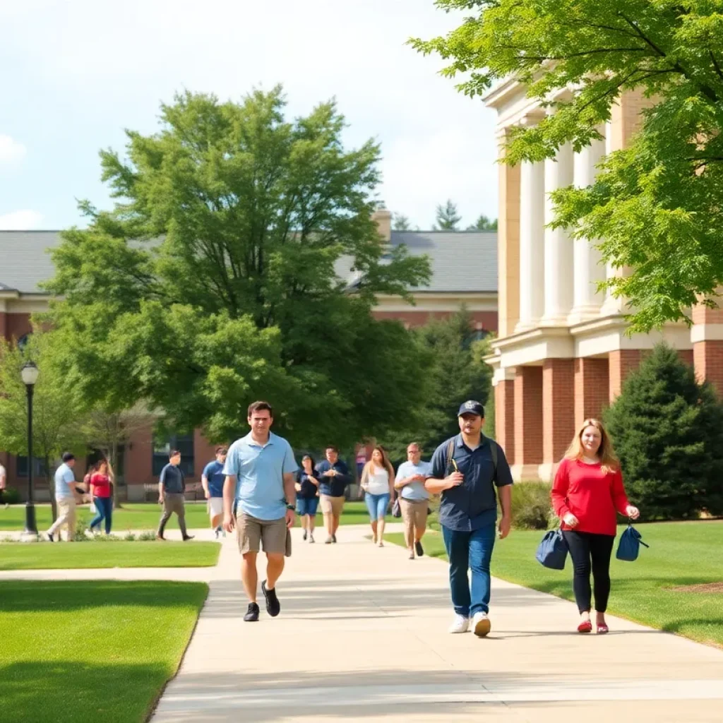 Campus of the University of Kentucky with students walking.