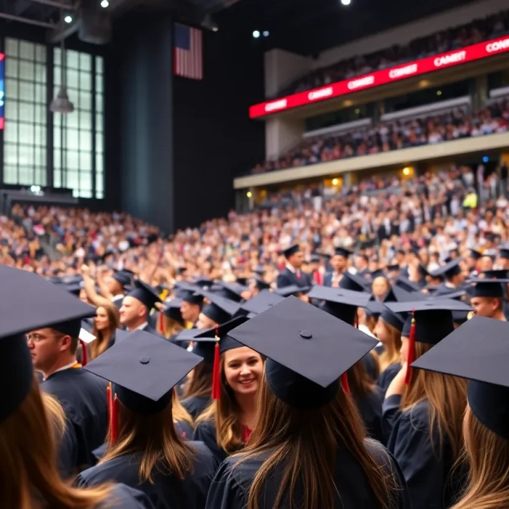 Graduates celebrating at the University of Kentucky commencement ceremony in Rupp Arena.