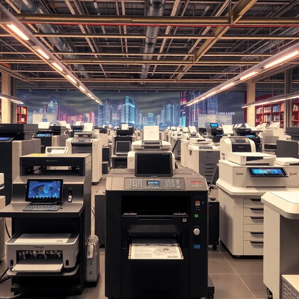 Futuristic printing technology with Xerox and Lexmark logos.