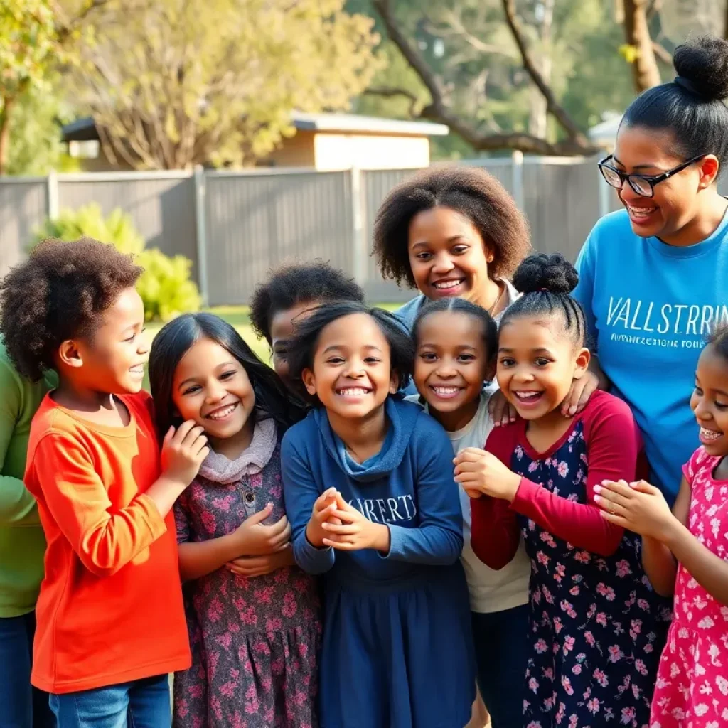 Children and volunteers engaged in a mentoring activity outdoors