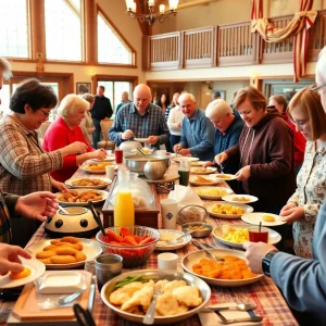 Community members enjoying a buffet breakfast at Winchester Elks Lodge.