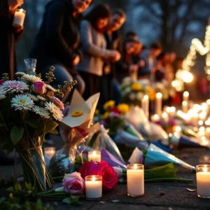 Community members gather to pay tribute to Jared Suarez with candles and flowers.