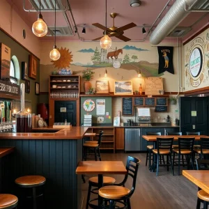 Interior view of West Sixth Brewing's Covington taproom showcasing beer taps and seating.