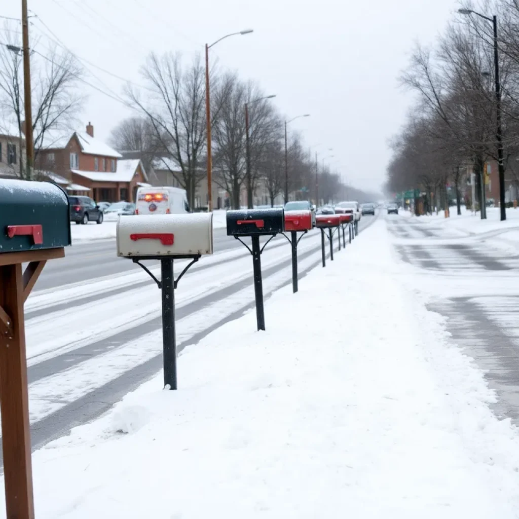 Snow-covered street in Lexington with damaged mailboxes