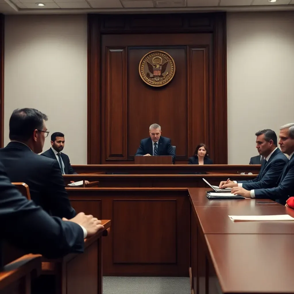 Courtroom scene during a murder trial retrial