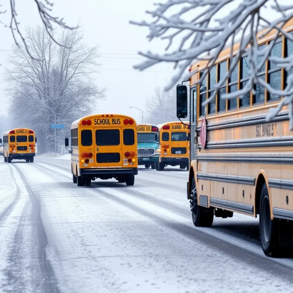 School buses on a snowy road in Fayette County