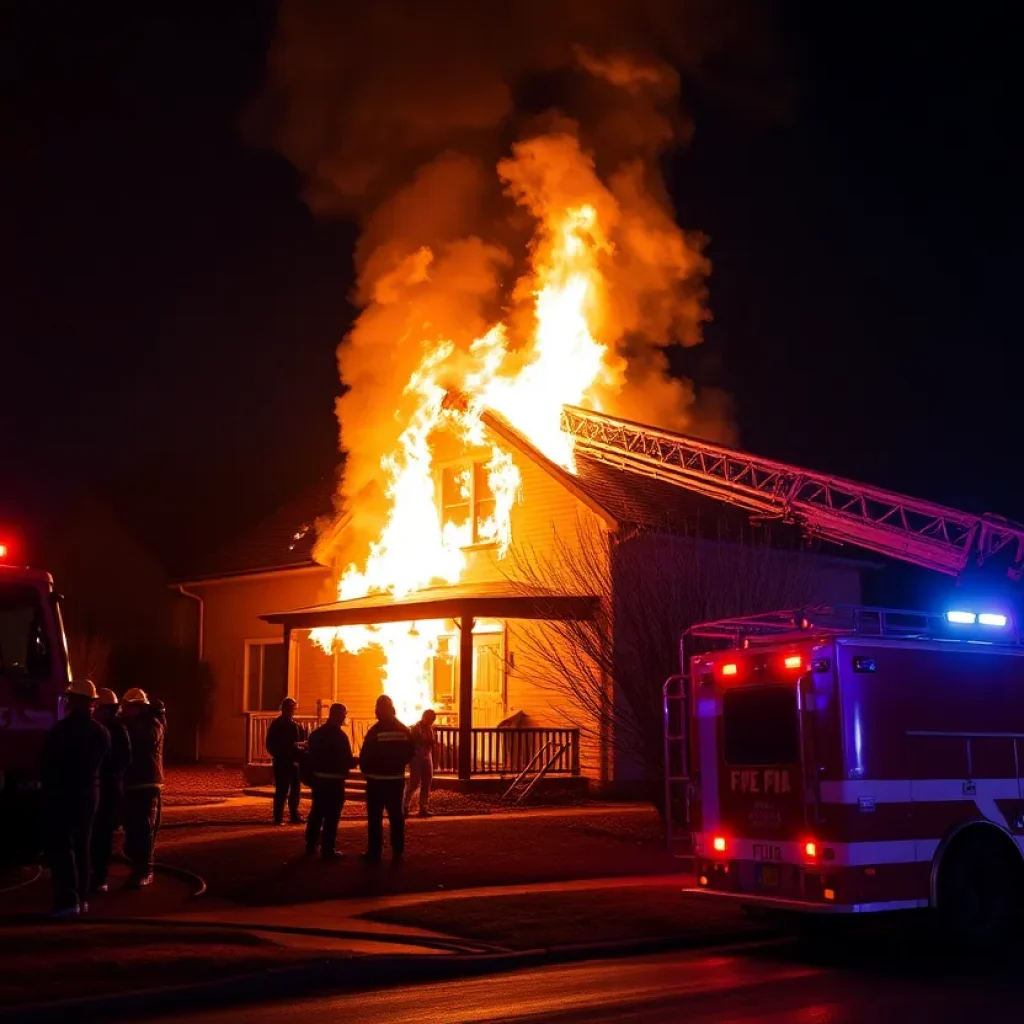 Firefighters combating a blaze at an unoccupied home in Lexington