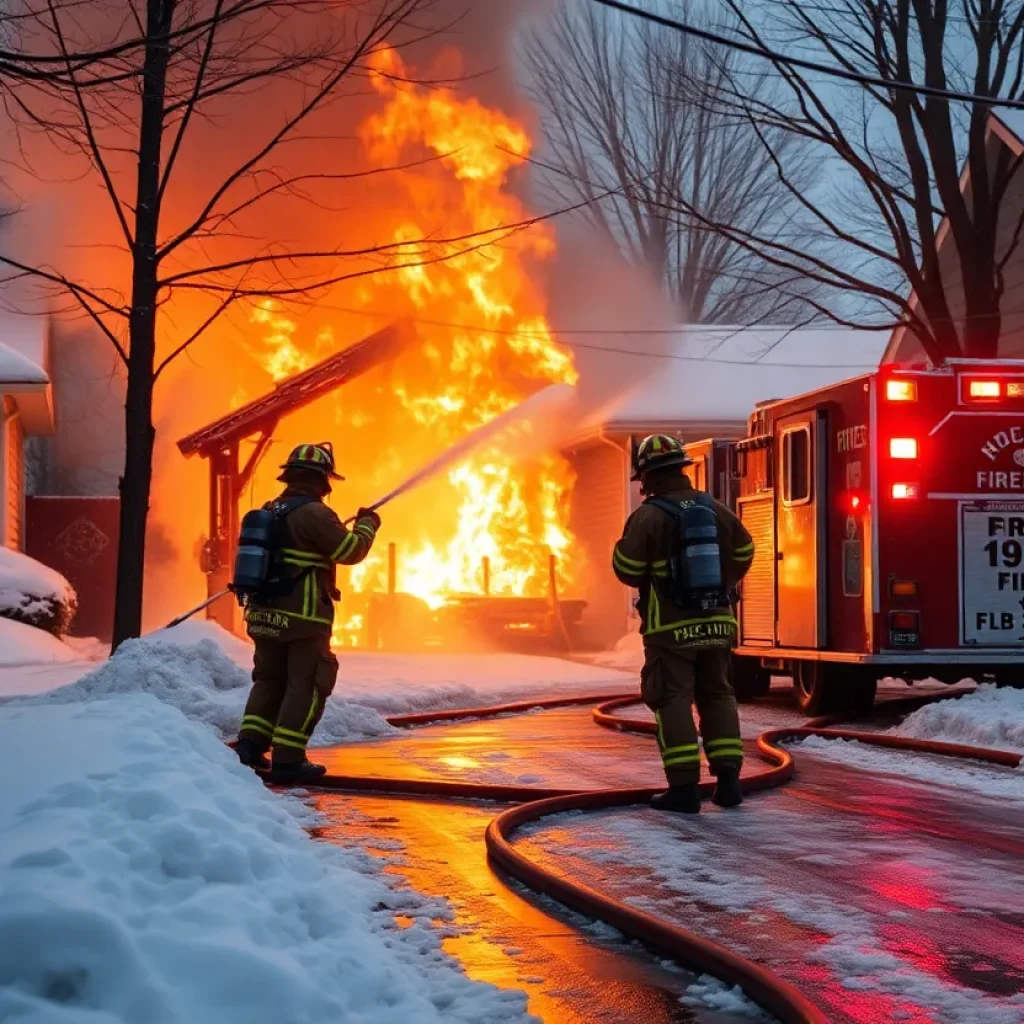 Firefighters combating a structure fire during a winter storm in Lexington.