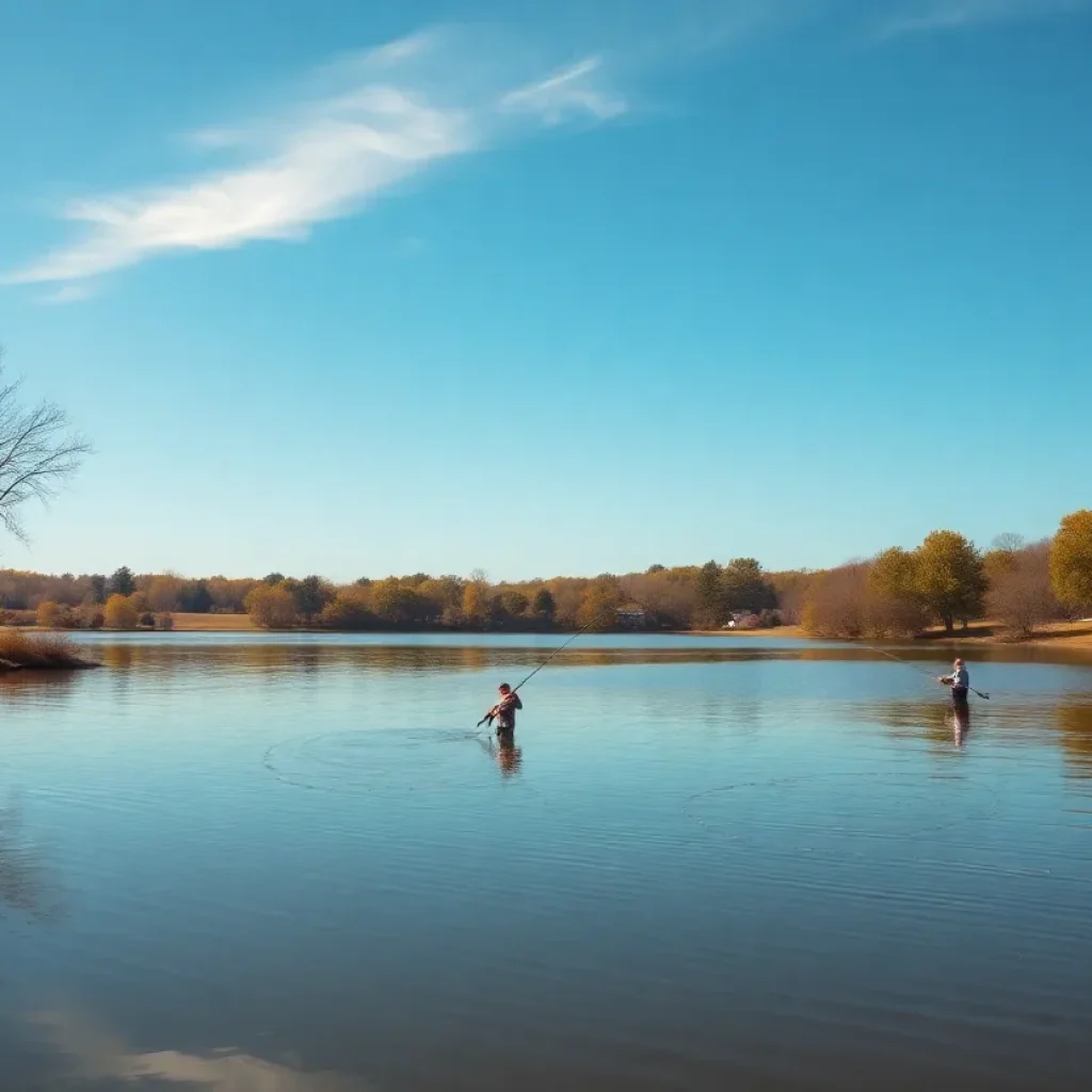 Anglers fishing at a neighborhood lake in Kentucky