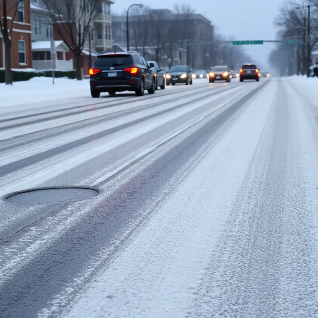 Snow-covered road with potholes in Lexington during winter storm