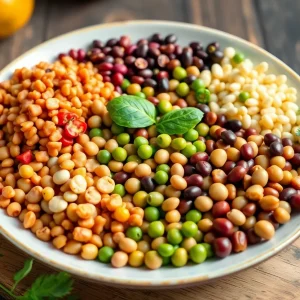 A vibrant plate showcasing different types of legumes and vegetables