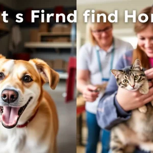 A joyful reunion between a pet and its owner alongside other rescued animals in a warm setting.