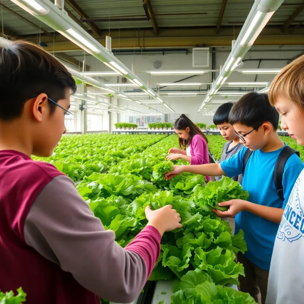 Students working in a hydroponic container farm growing lettuce