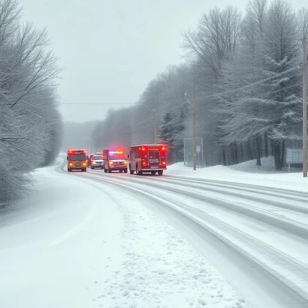 Snowy landscape in Kentucky with emergency vehicles