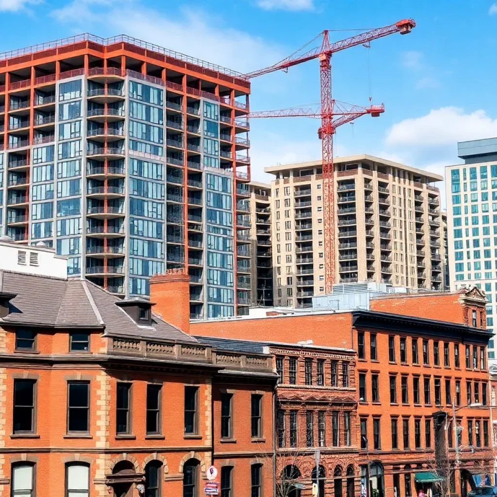 New apartment buildings being constructed in Lexington city with historic architecture nearby