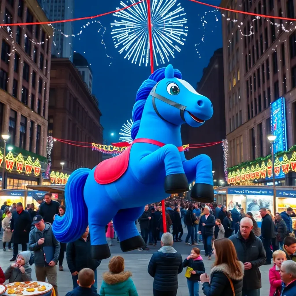 New Year’s Eve celebration in Lexington with blue horse mascot