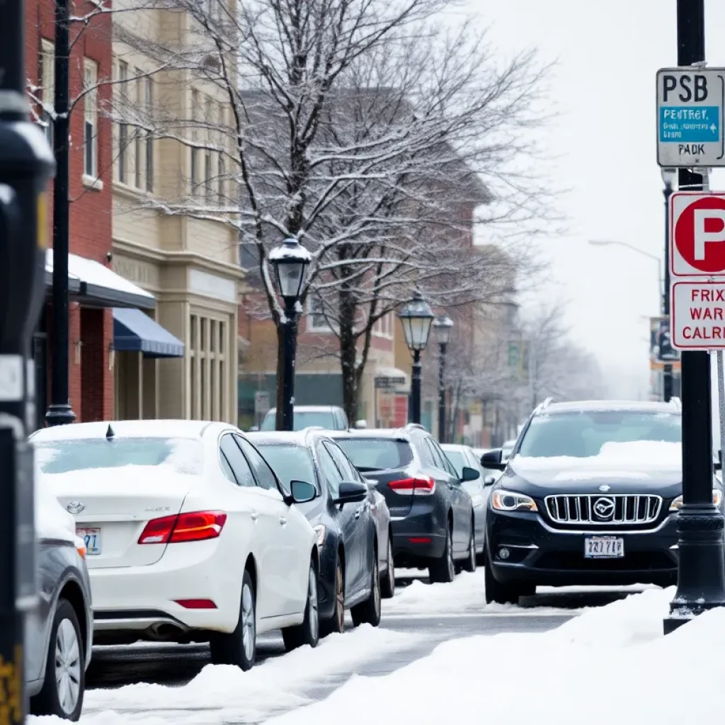 Snow-covered street with parked cars in Lexington, Kentucky.