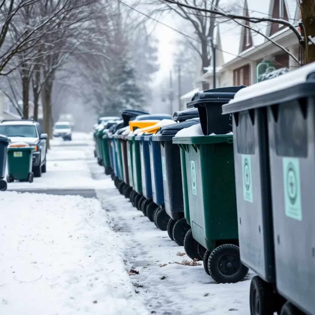 Snowy Lexington street with trash carts awaiting collection