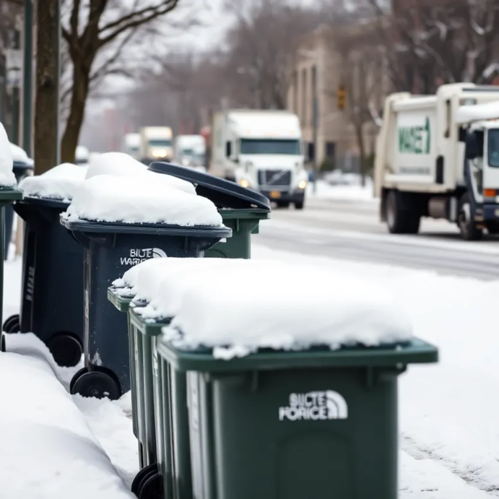 Snow-covered trash bins on a street in Lexington after Winter Storm Blair