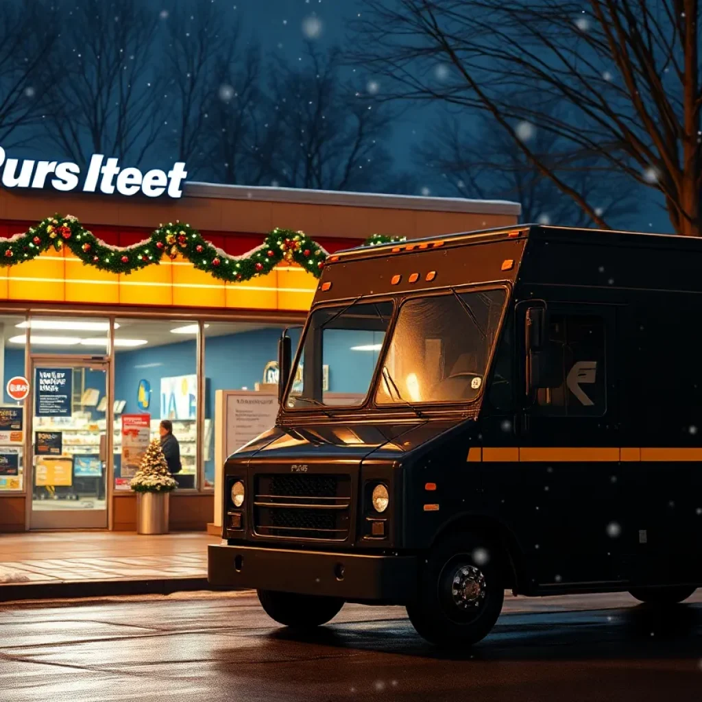 UPS truck in front of Clark's Pump-N-Shop decorated for Christmas