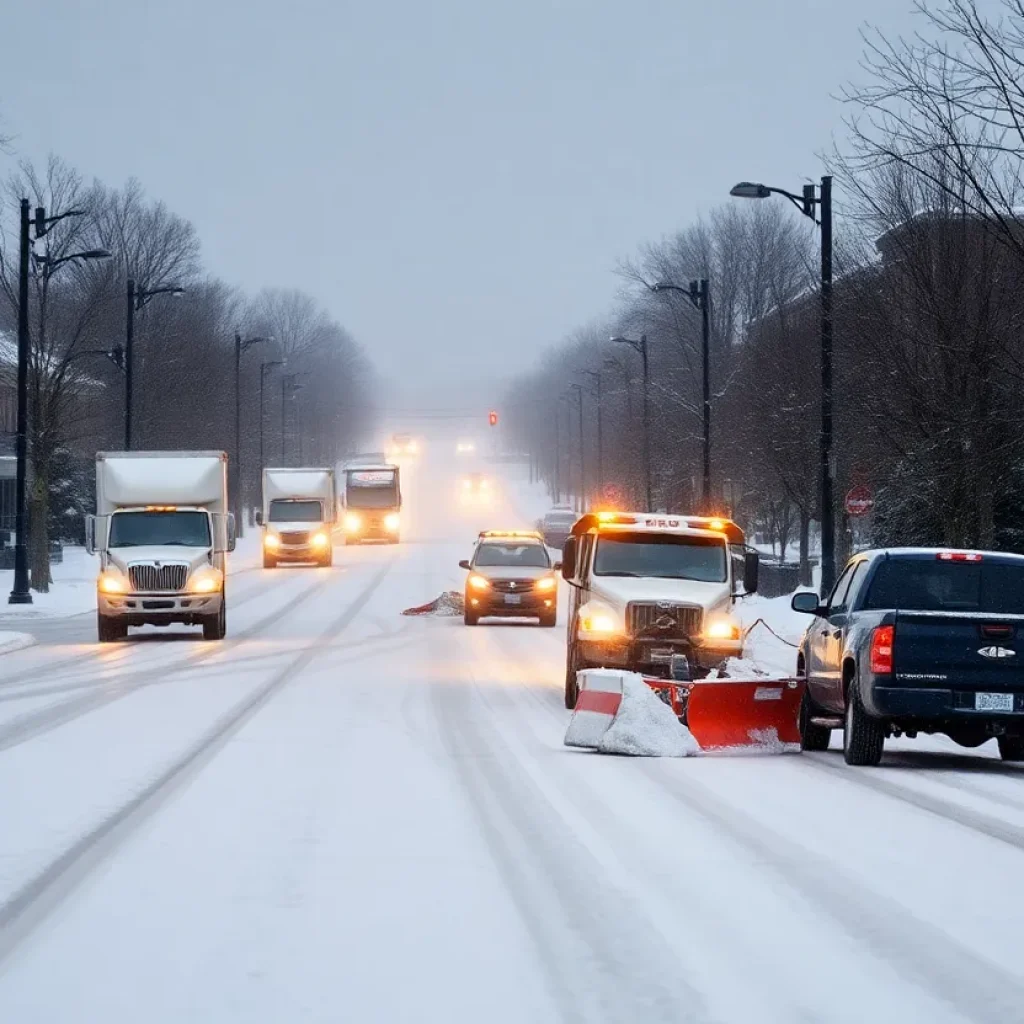 Snowy street in Lexington with snow removal equipment