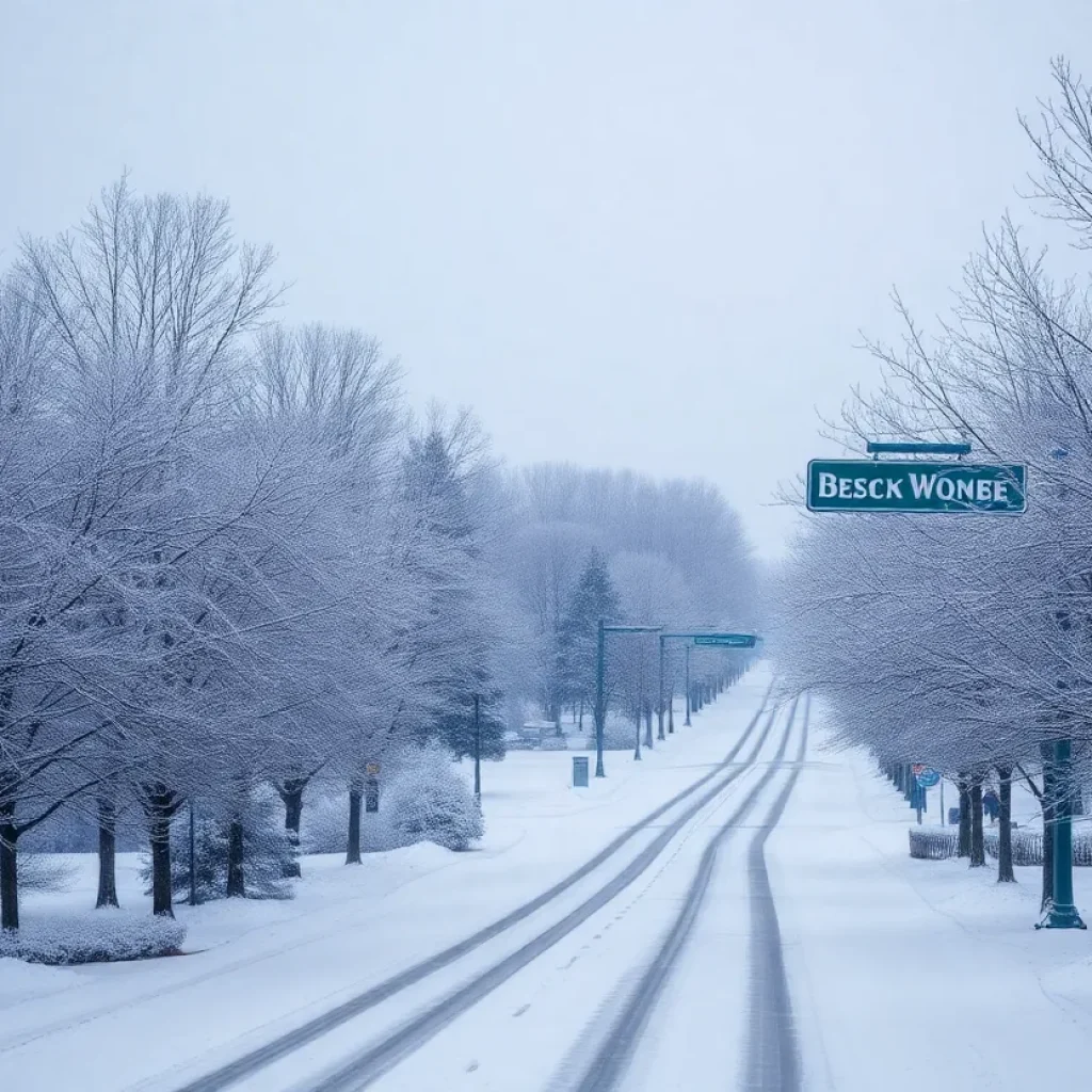 A view of snow-covered trees and streets in Lexington, Kentucky during winter.