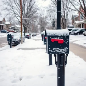 Snow-covered mailboxes in a Lexington neighborhood