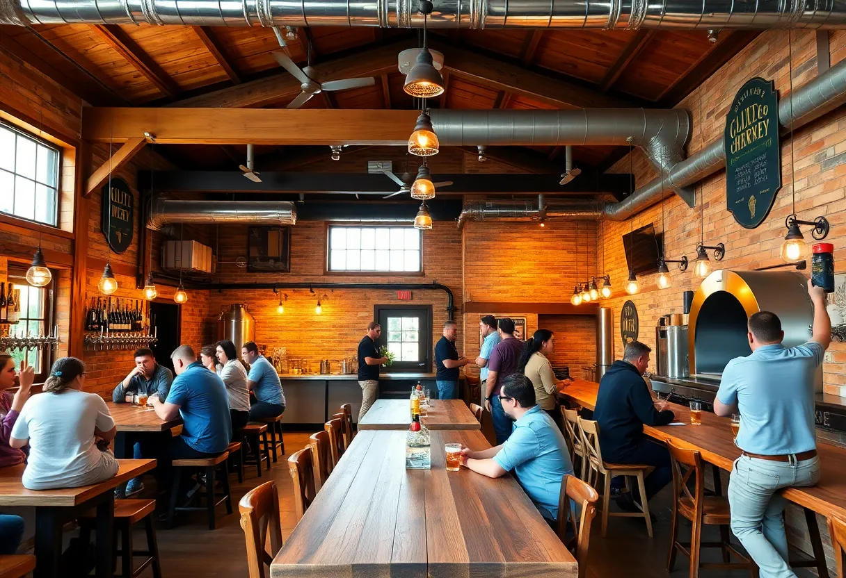 Interior view of the new Mirror Twin Brewing taproom with patrons enjoying drinks.