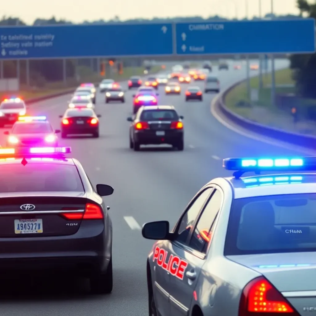 Police cars chasing a stolen vehicle on Interstate 64