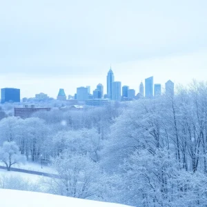 A snowy landscape of Central Kentucky with city skyline and trees.