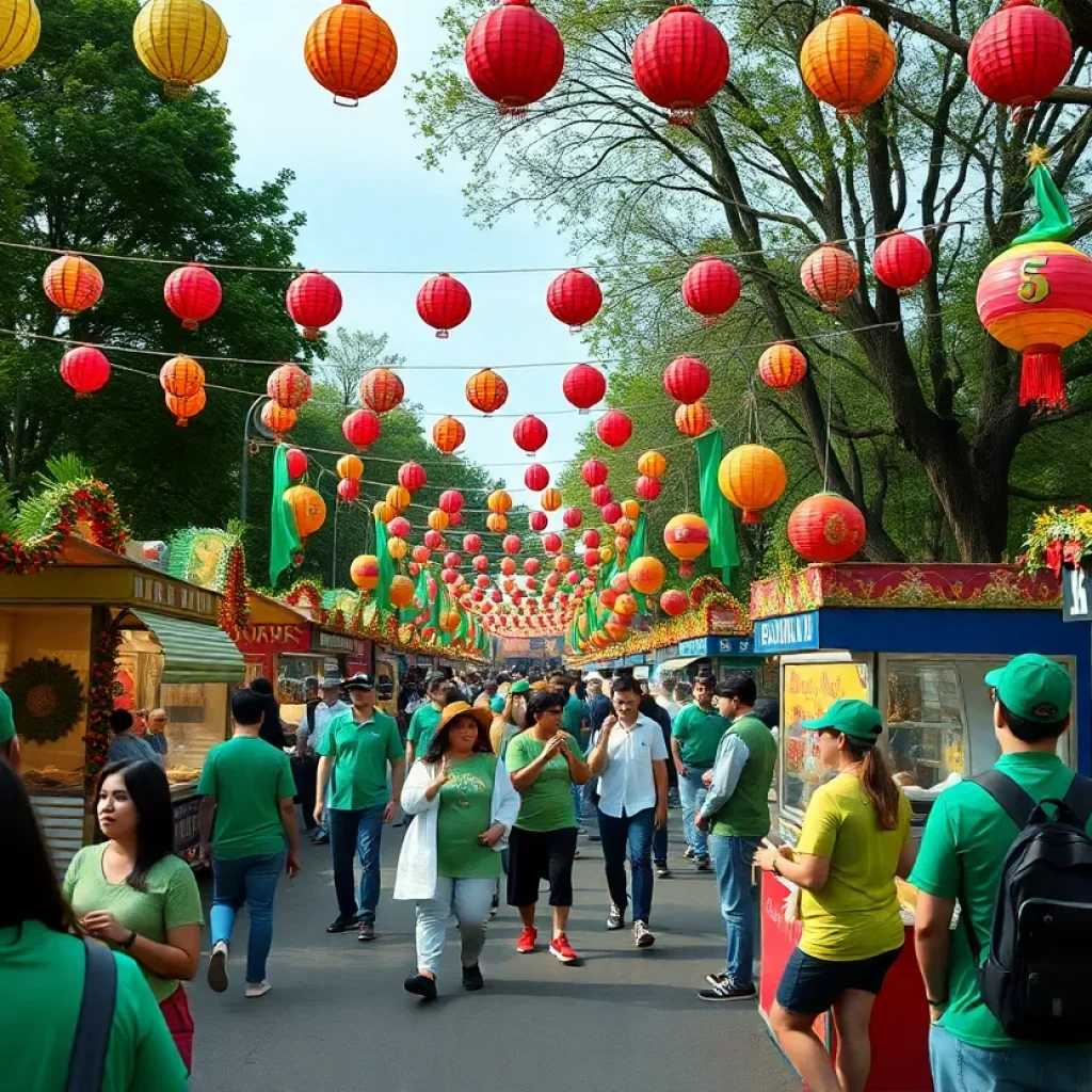 Celebration at Lexington's St. Patrick's Day festival with colorful decorations and participants in green attire.