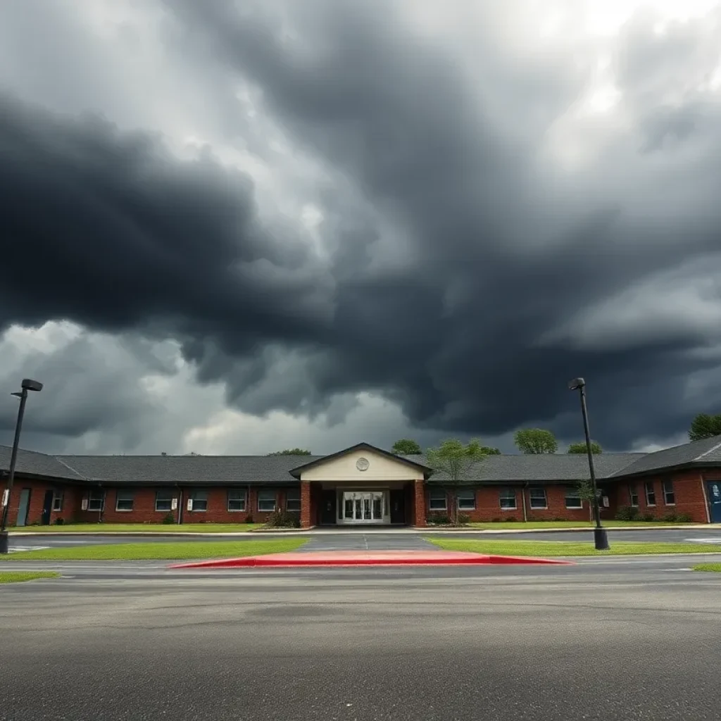 A dark, stormy sky over a school building as Hurricane Helene approaches.