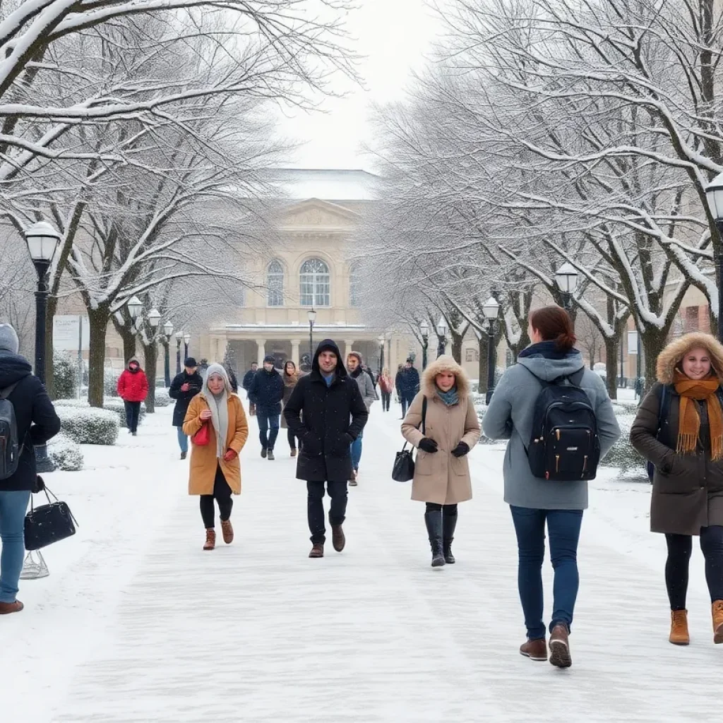 International students at a university campus in winter