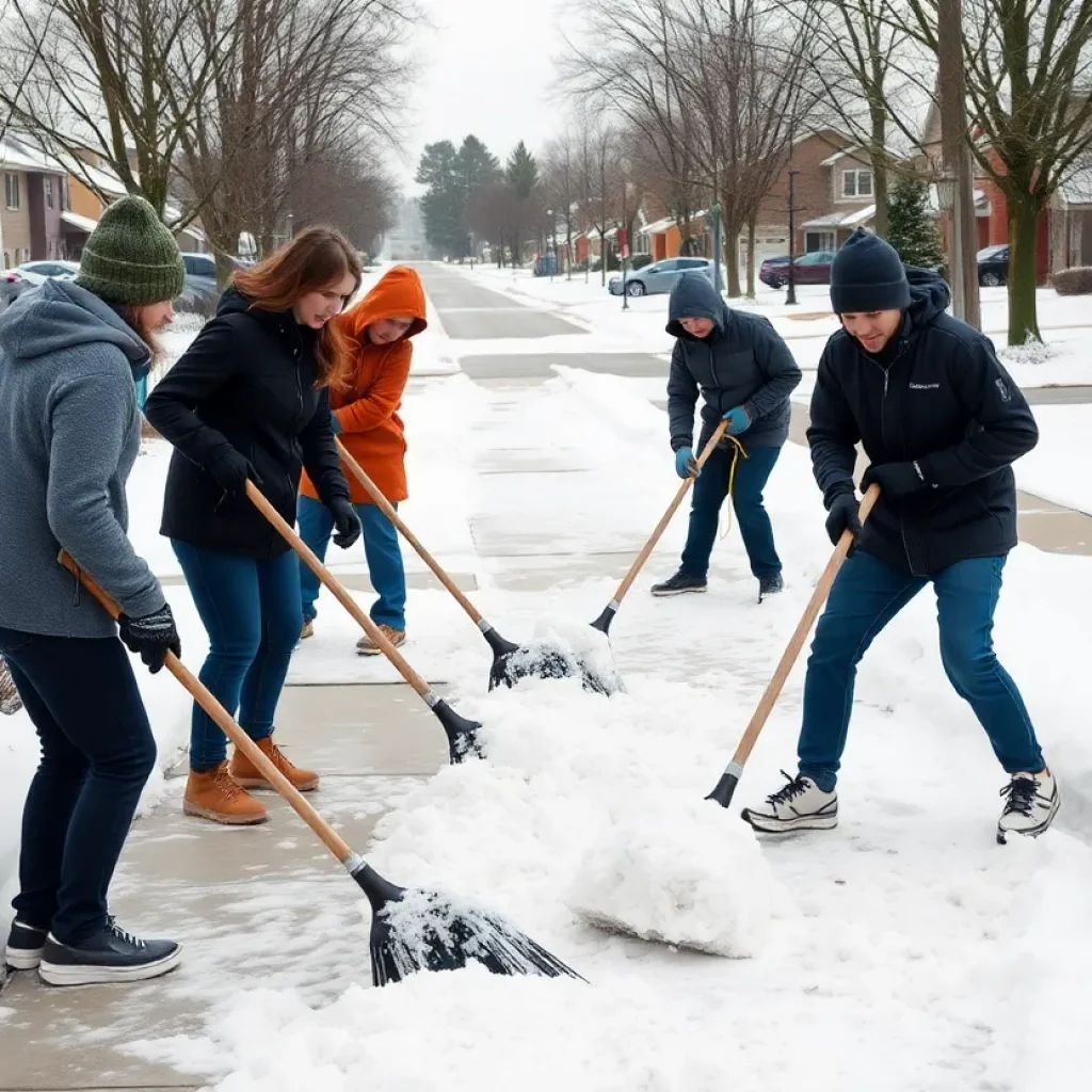 Teenagers clearing snow in Lexington, Kentucky